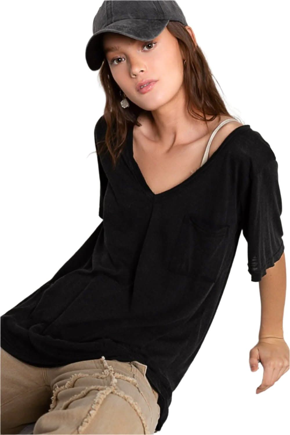 V-neck casual tee with chest pocket - Love Salve